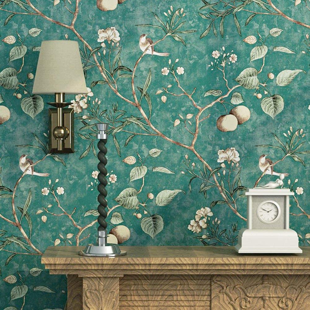 Blooming Wall Vintage Flower Trees Birds Wallpaper For Livingroom