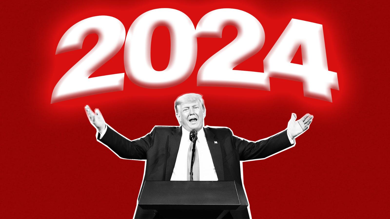 Donald Trump with arms outstretched against a red background with '2024' above him