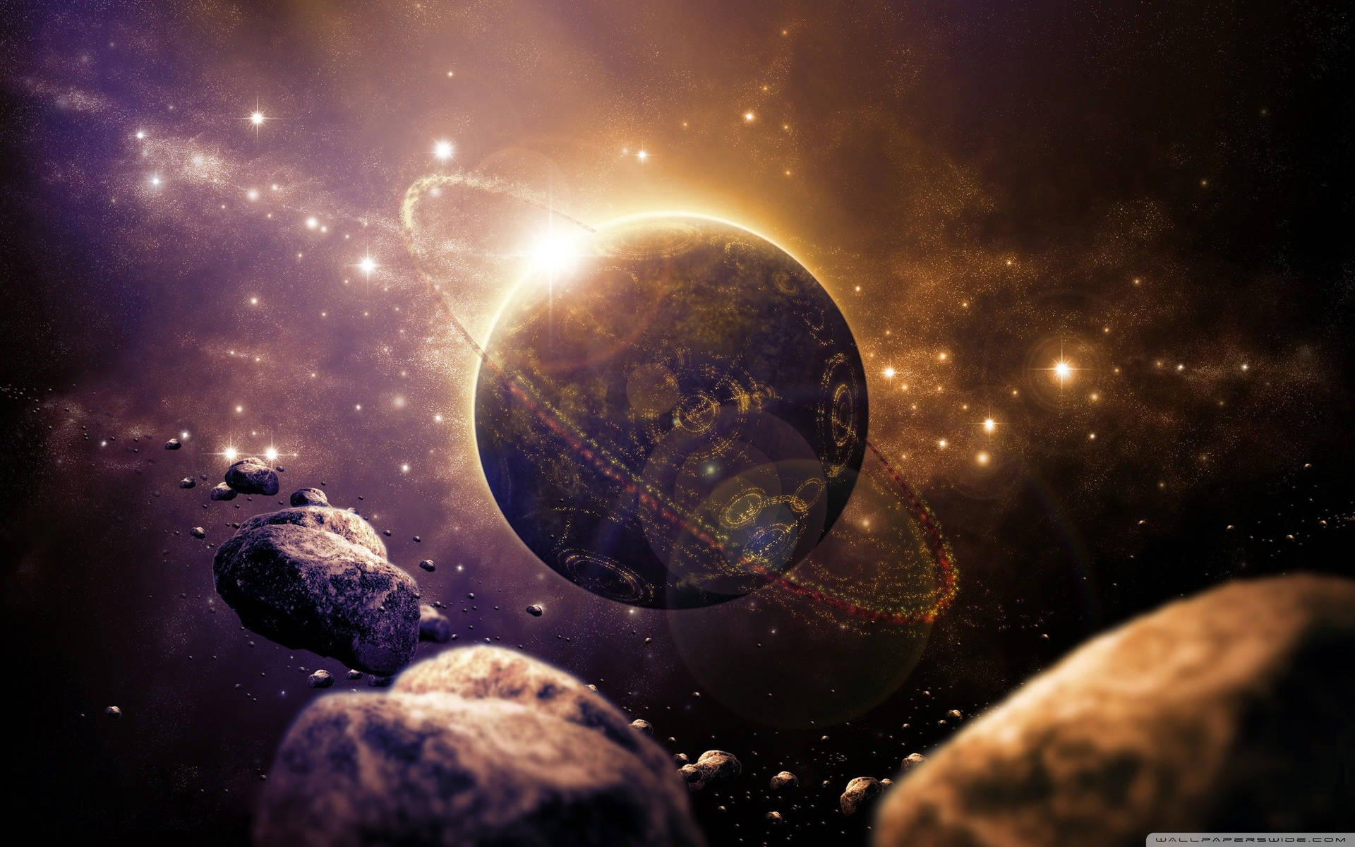 A vibrant planet with intricate rings, surrounded by asteroids, set against a backdrop of a colorful nebula and distant stars