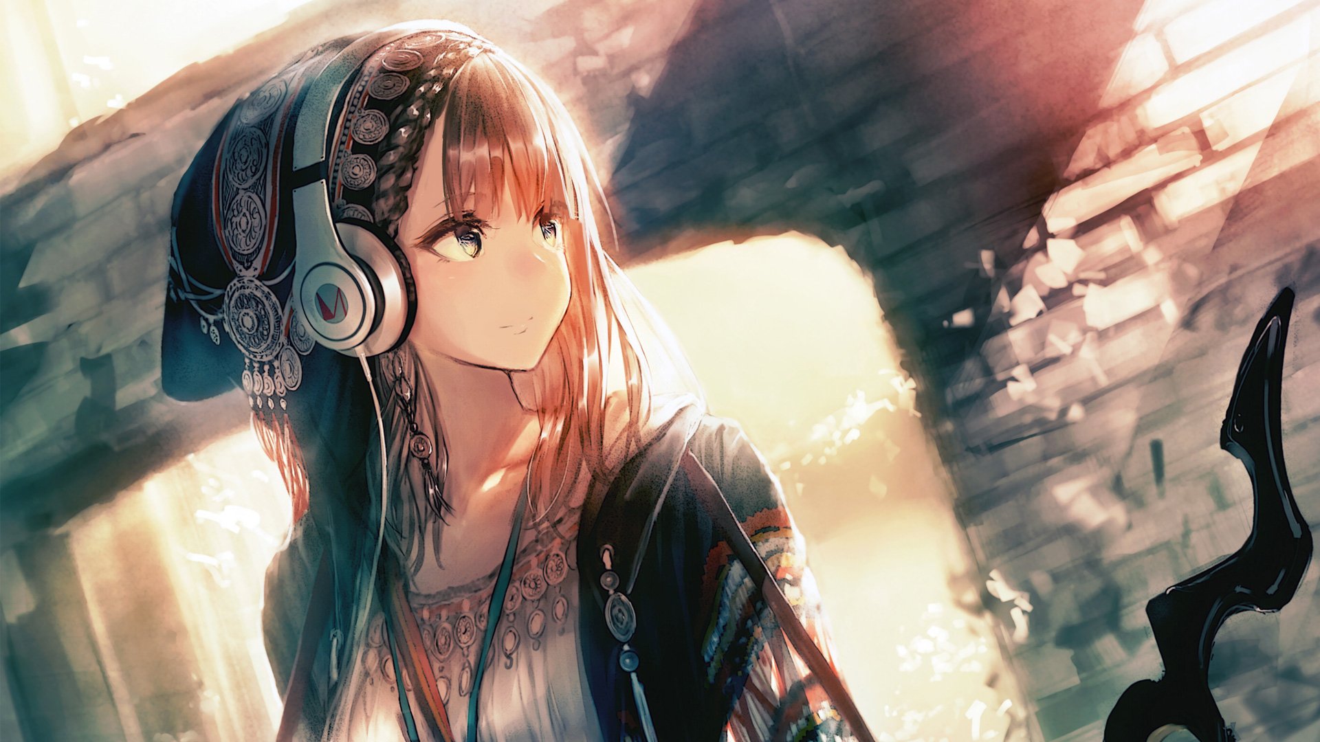 Anime Girl With Headphones And Hat Wallpaper