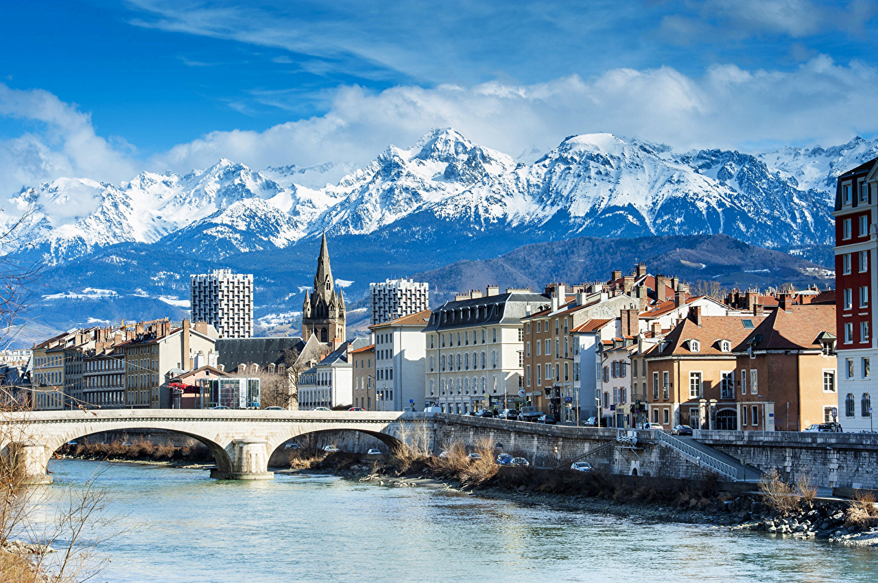 Image France Grenoble Winter Bridges Mountain Rivers Cities Building
