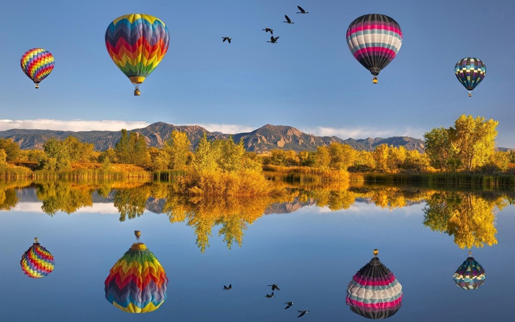 Reflections Of Hot Air Balloons Wide HD New Wallpaper