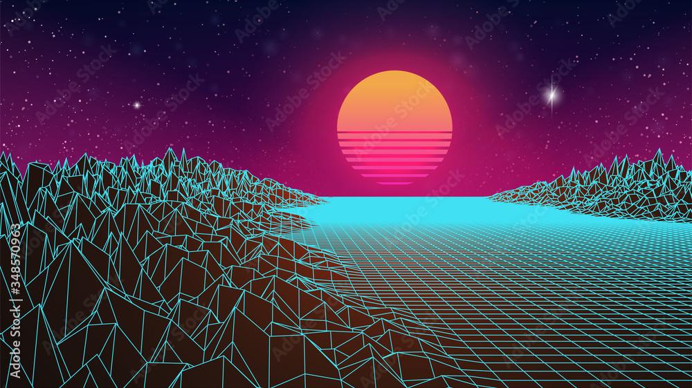 Retrowave sunset background 80s retro futuristic landscape Dark