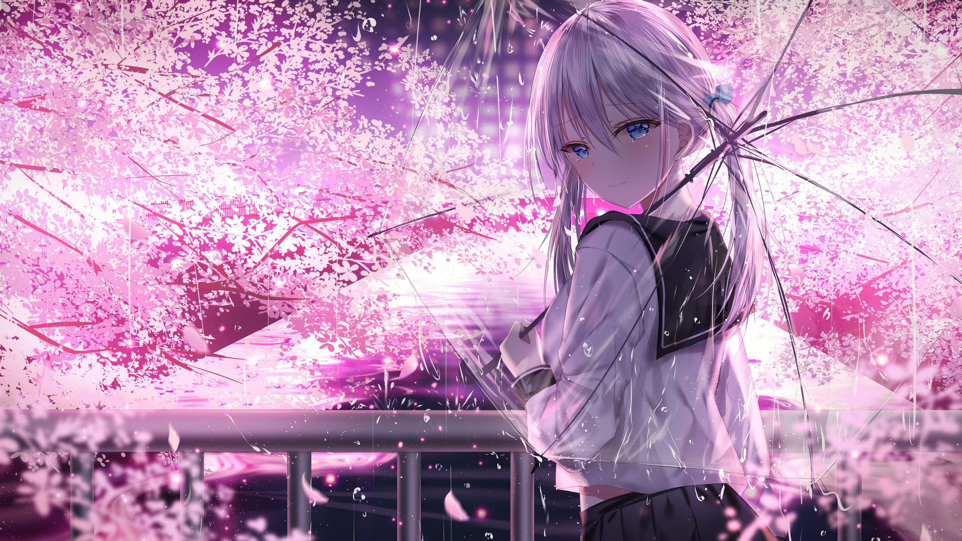 Anime Girl With Umbrella Outdoors Looking Back 5k Laptop Full Wallpaper