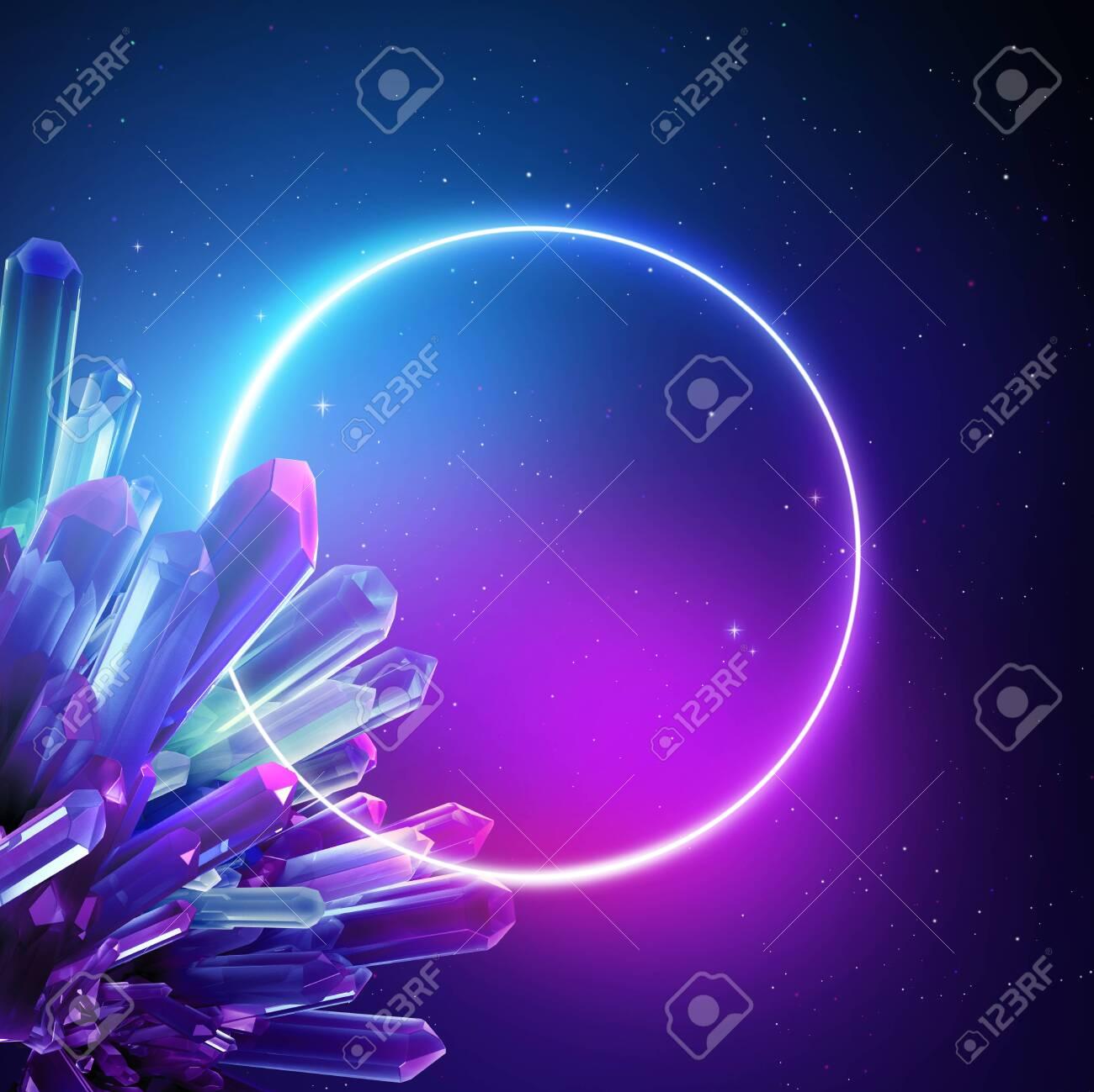 3d Render Abstract Neon Background With Crystals And Round Frame