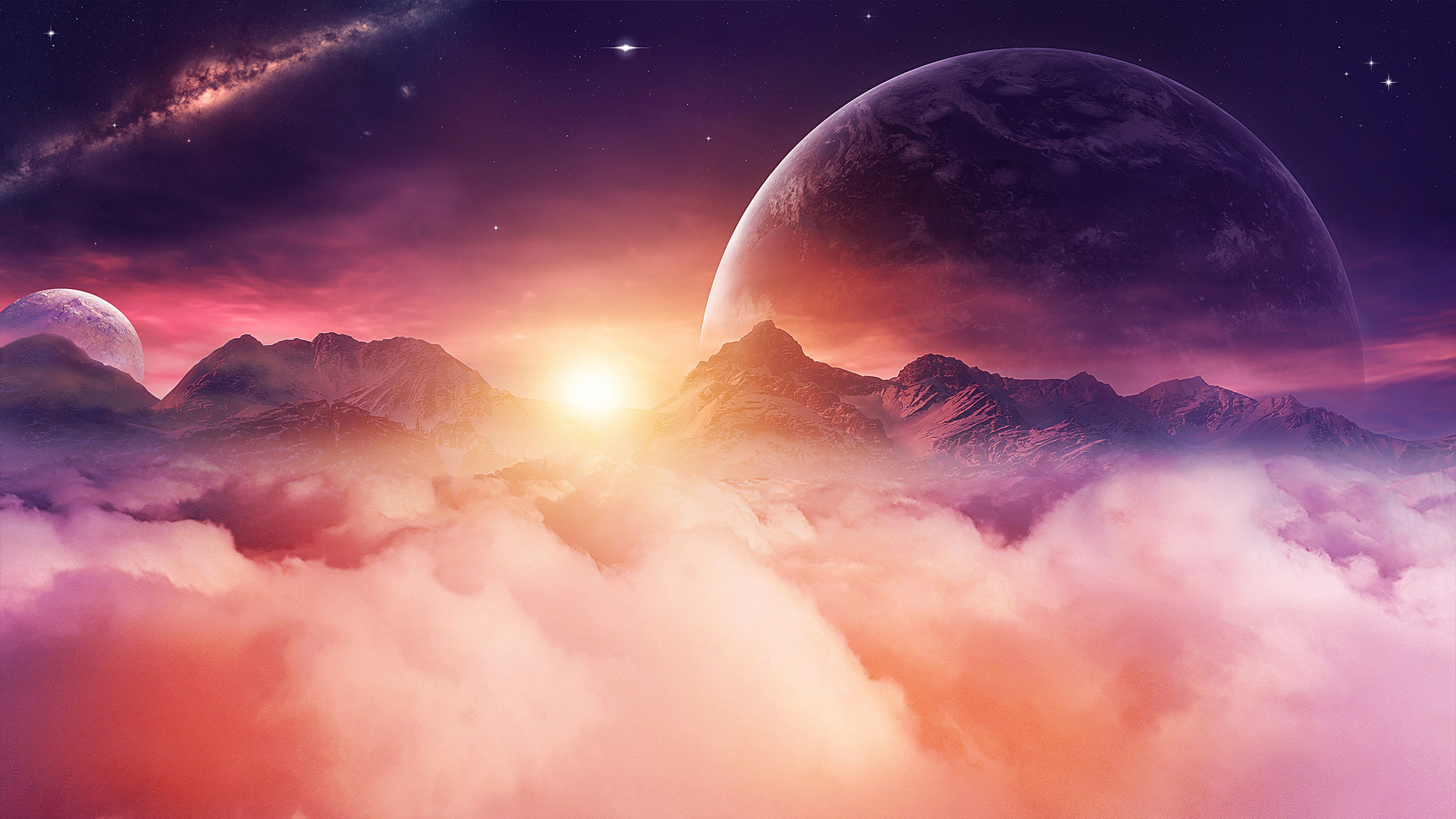 Cloud Galaxy Moon Mountain Planet Sky Sunbeam Sunset HD Wallpaper
