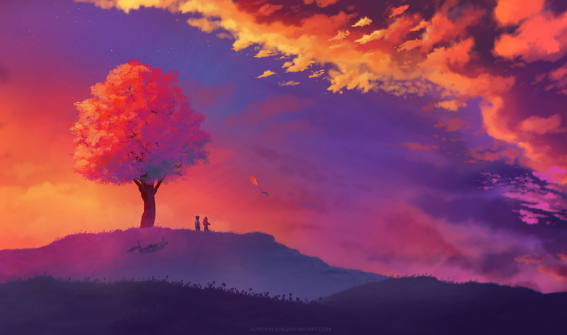 Kite Colorful Painting Sunset Tree Wallpaper HD Artist 4k