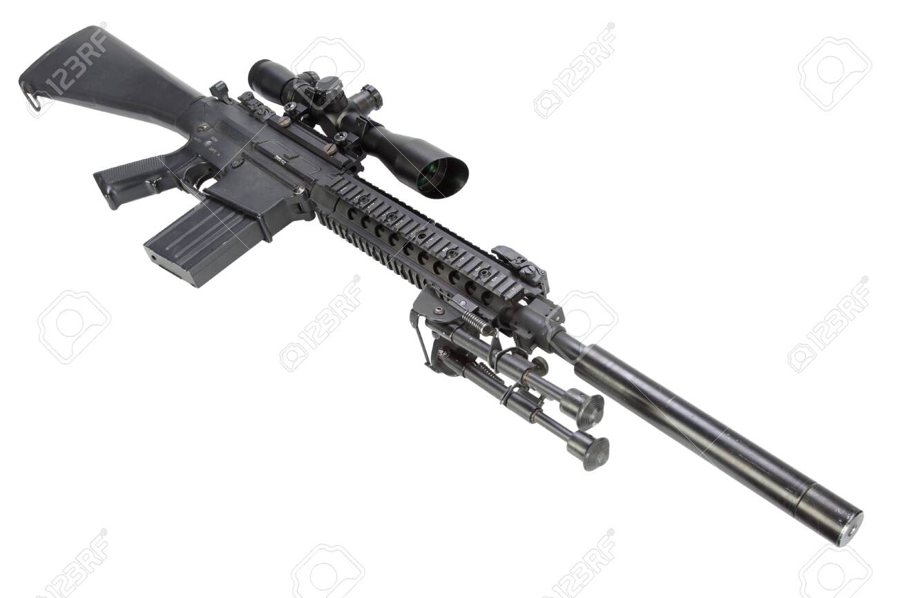 Semi Automatic Sniper Rifle With Bipod And Silencer Isolated