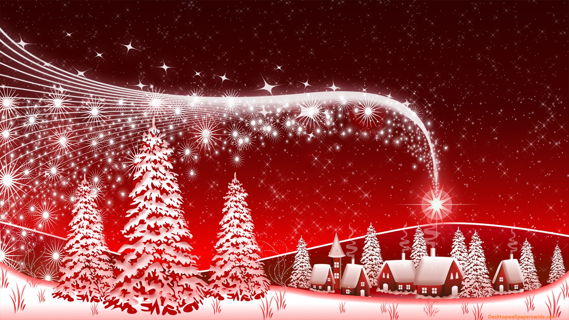 A festive Christmas scene with snow-covered trees, houses, and a star-filled red sky