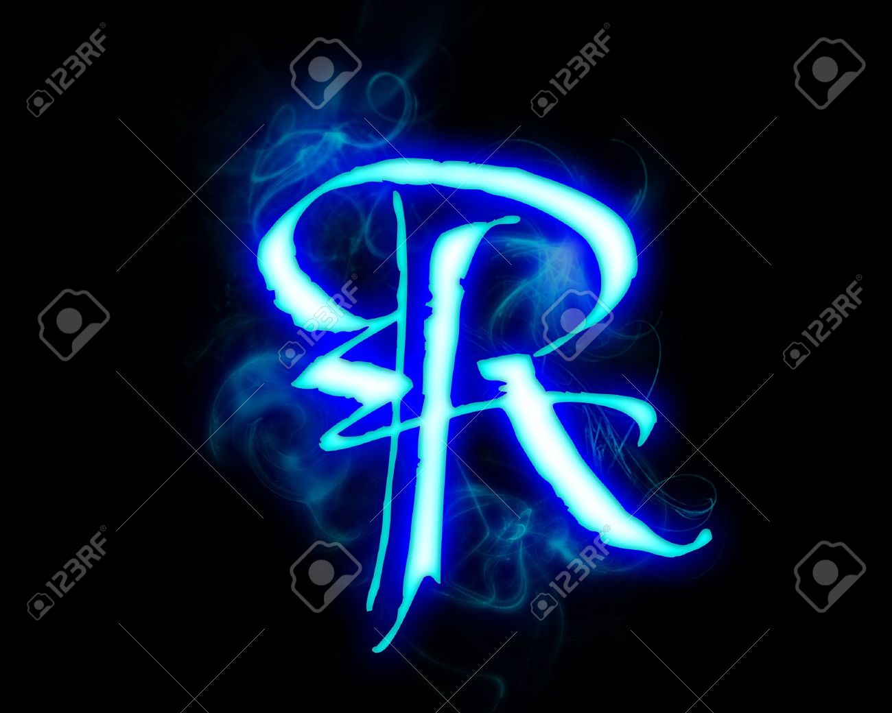Blue Flame Magic Font Over Black Background Letter R Stock Photo