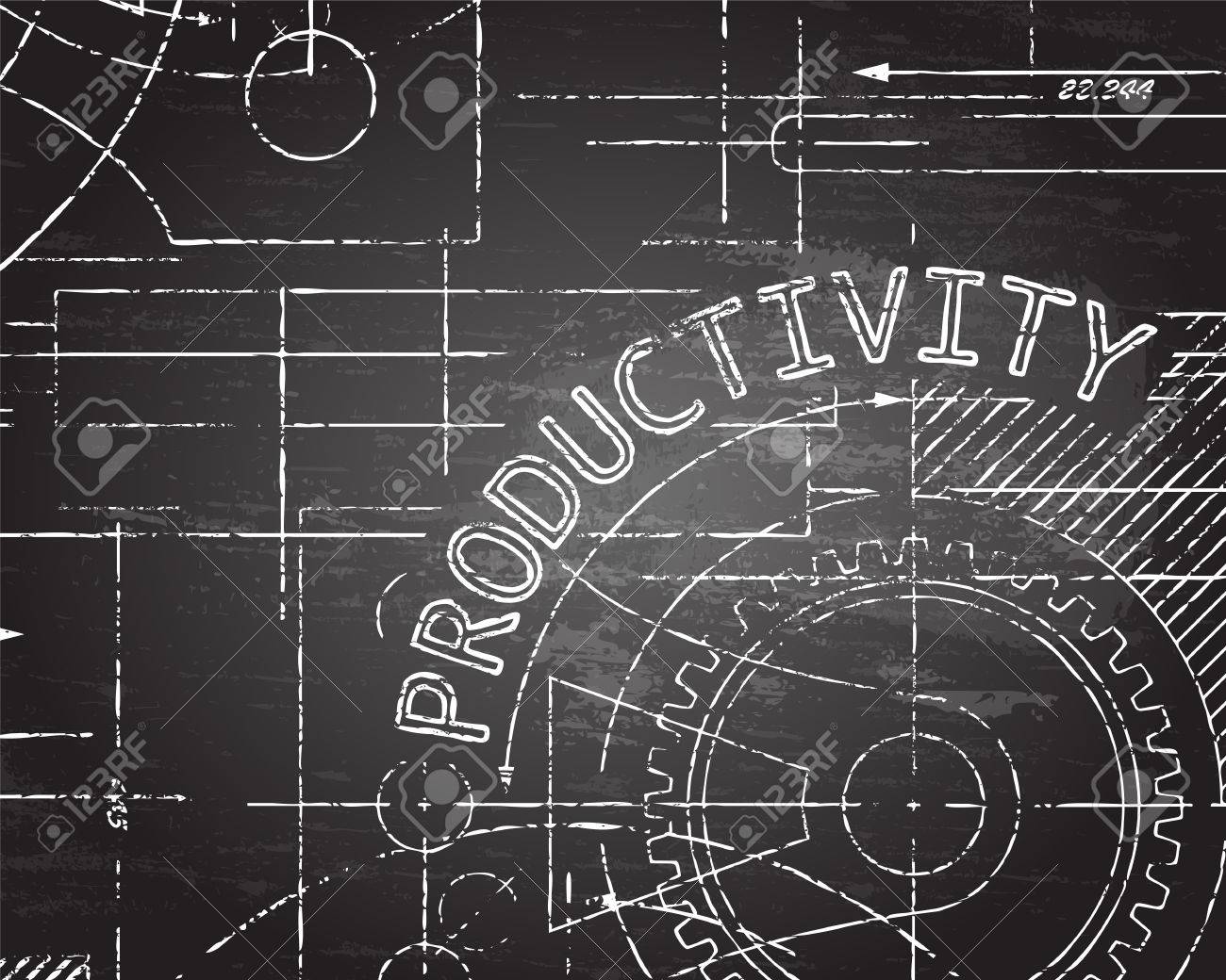 Productivity Text With Gear Wheels Hand Drawn On Blackboard