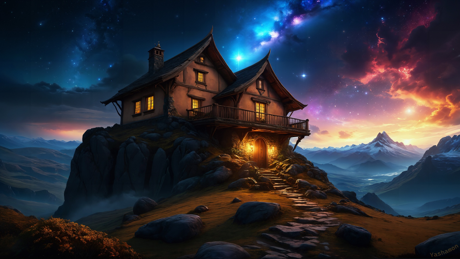 Wooden House Wallpaper 4k Mountain Peak Surreal Dreamlike