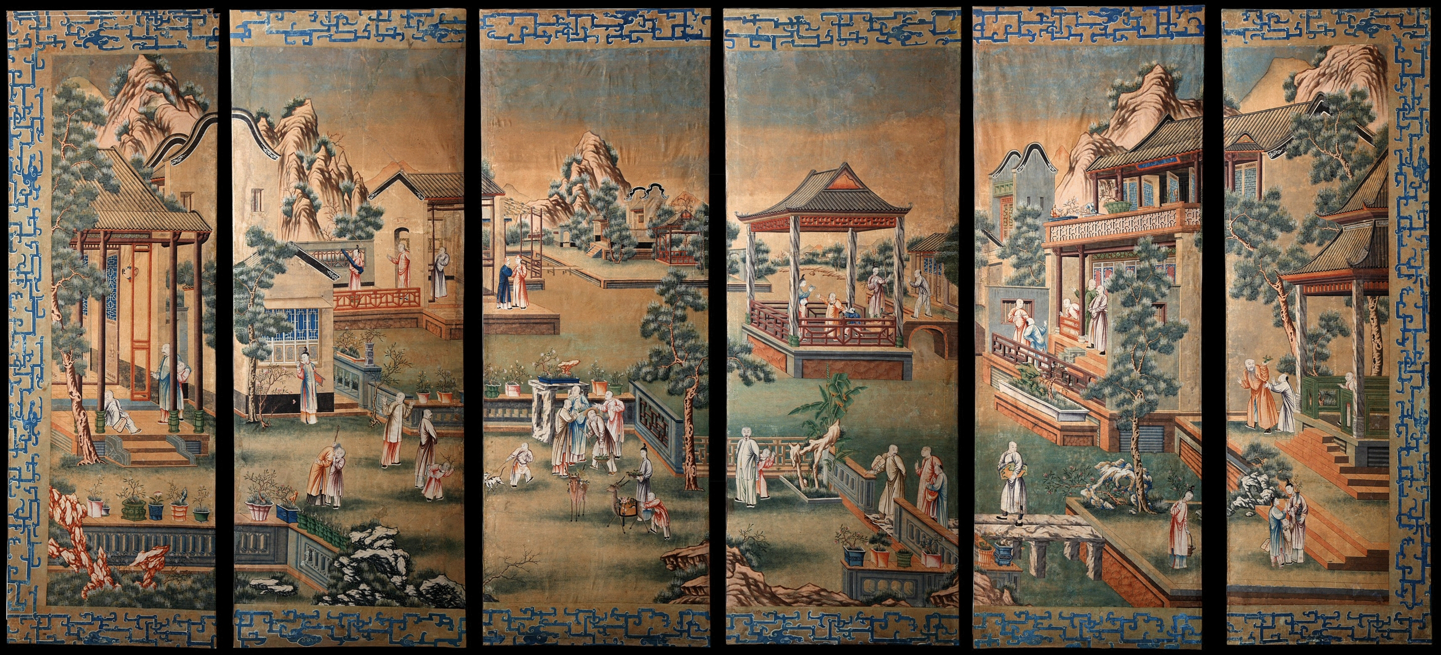 Chinese Export Large Six Fold Wallpaper Screen Qing Dynasty Early