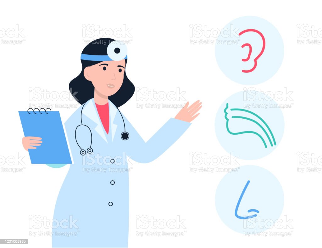 Otolaryngologist Woman With Clipboard Icons Ear Throat Nose Stock