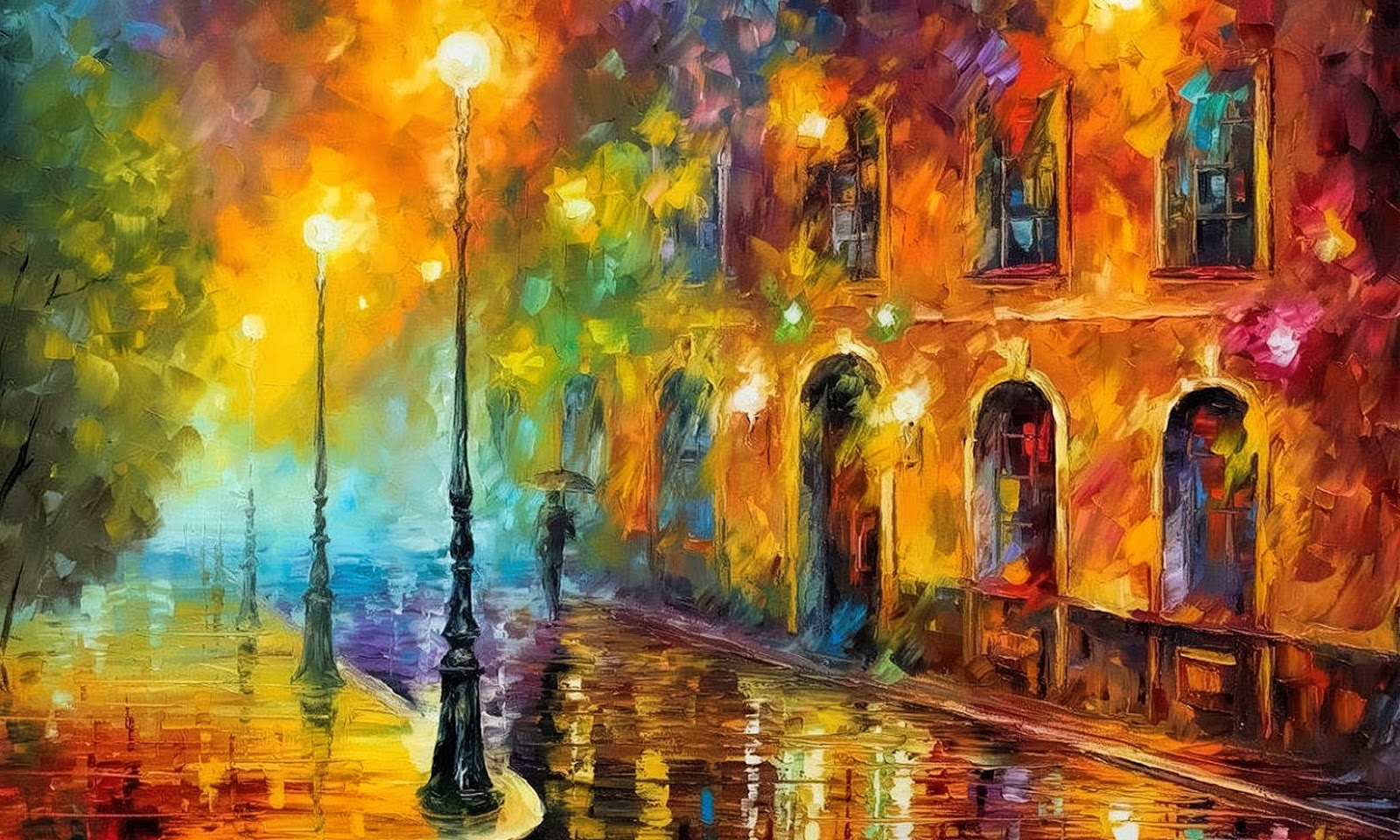 A vibrant abstract painting of a rainy city street at night, with glowing streetlights and reflections on the wet pavement