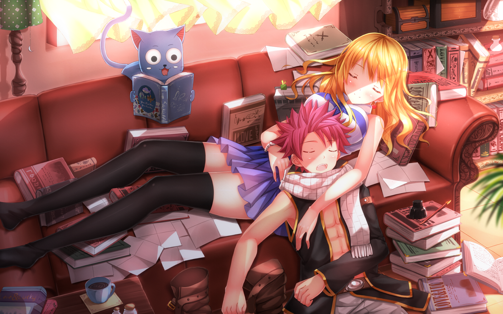 Fairy Tail Lucy Natsu Happy Anime Reading Books Sleeping HD Wallpaper