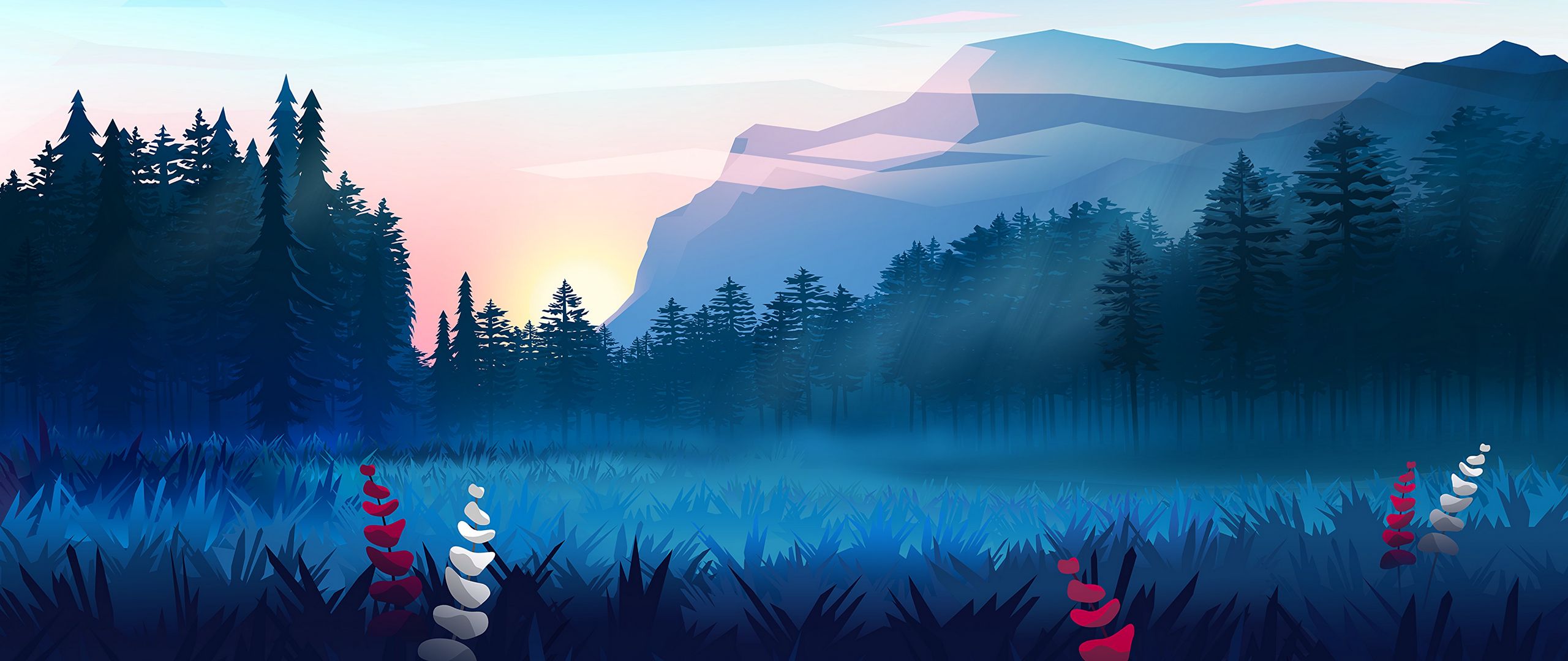 Wallpaper Lawn Forest Mountains Fog Landscape