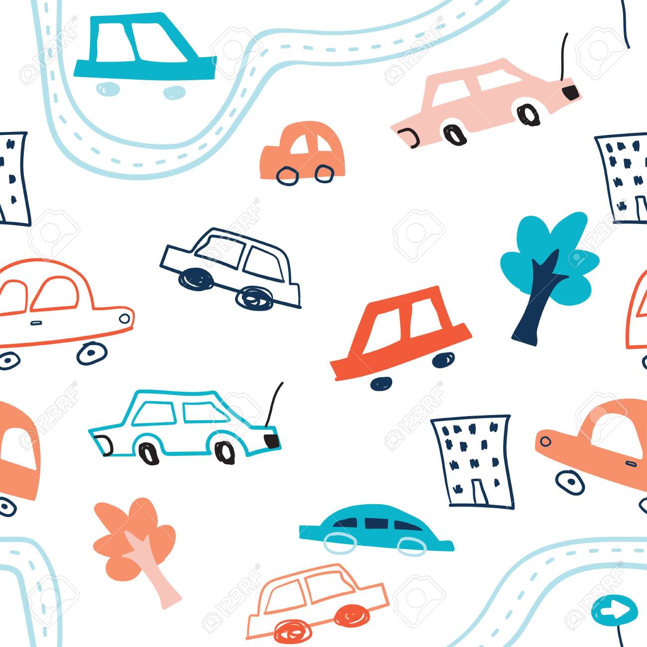 Seamless Pattern With Hand Drawn Cute Car Cartoon Kids Cars Road