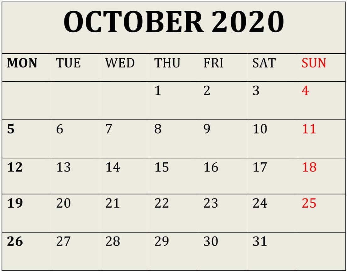 Free Printable October 2020 Calendar Desktop Wallpaper Free
