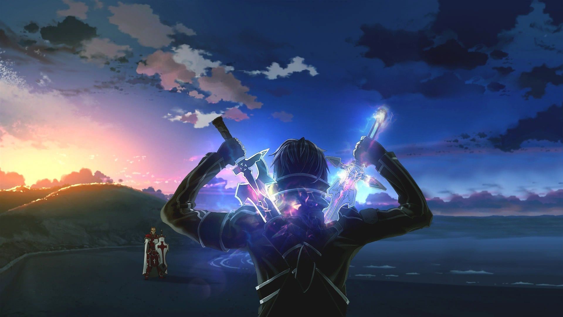 Anime character with dual swords against a sunset backdrop - desktop wallpaper