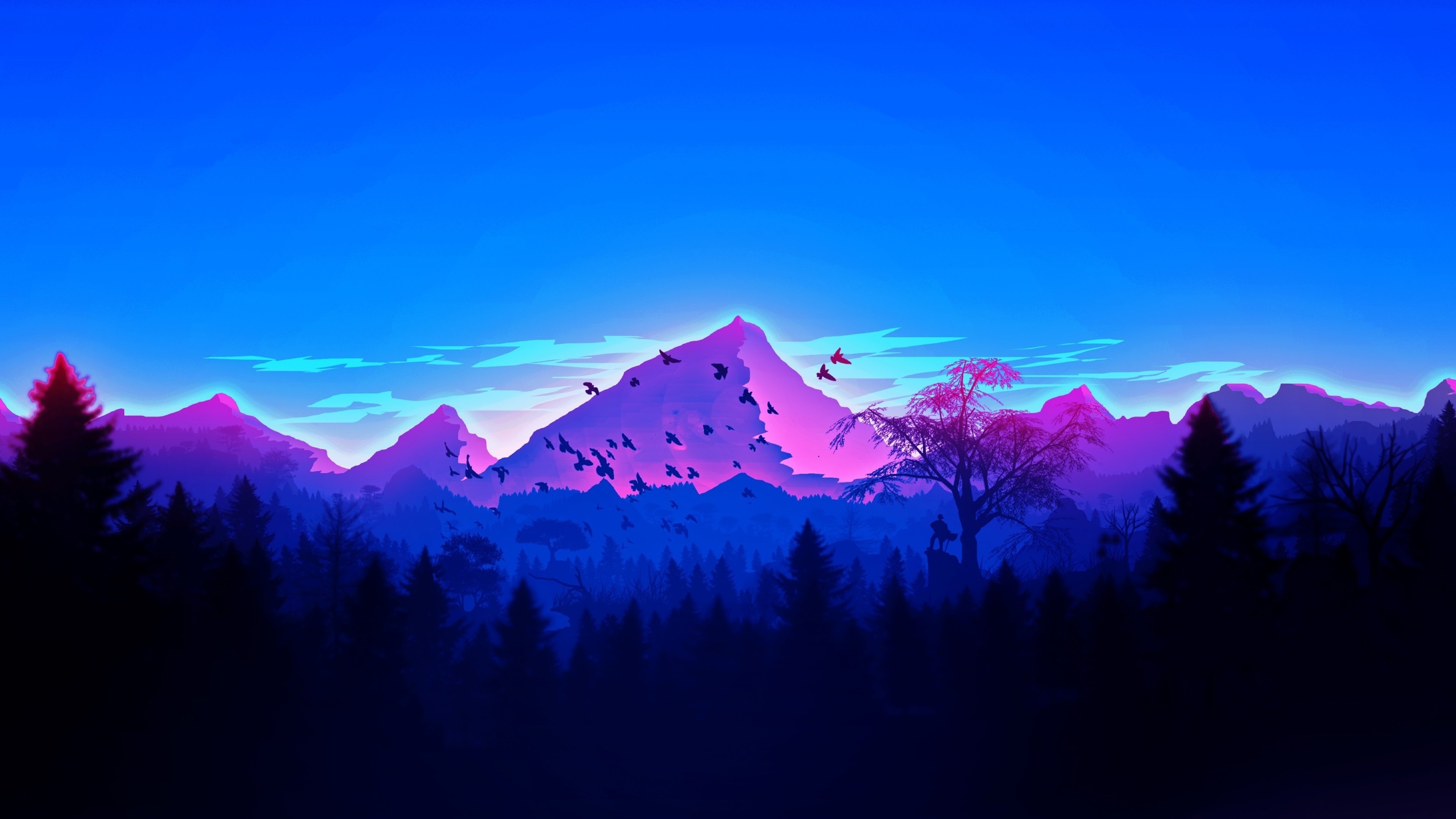 Minimalist 4k wallpaper featuring a vibrant, stylized mountain range at sunset. Silhouetted trees and flying birds create a serene and captivating scene