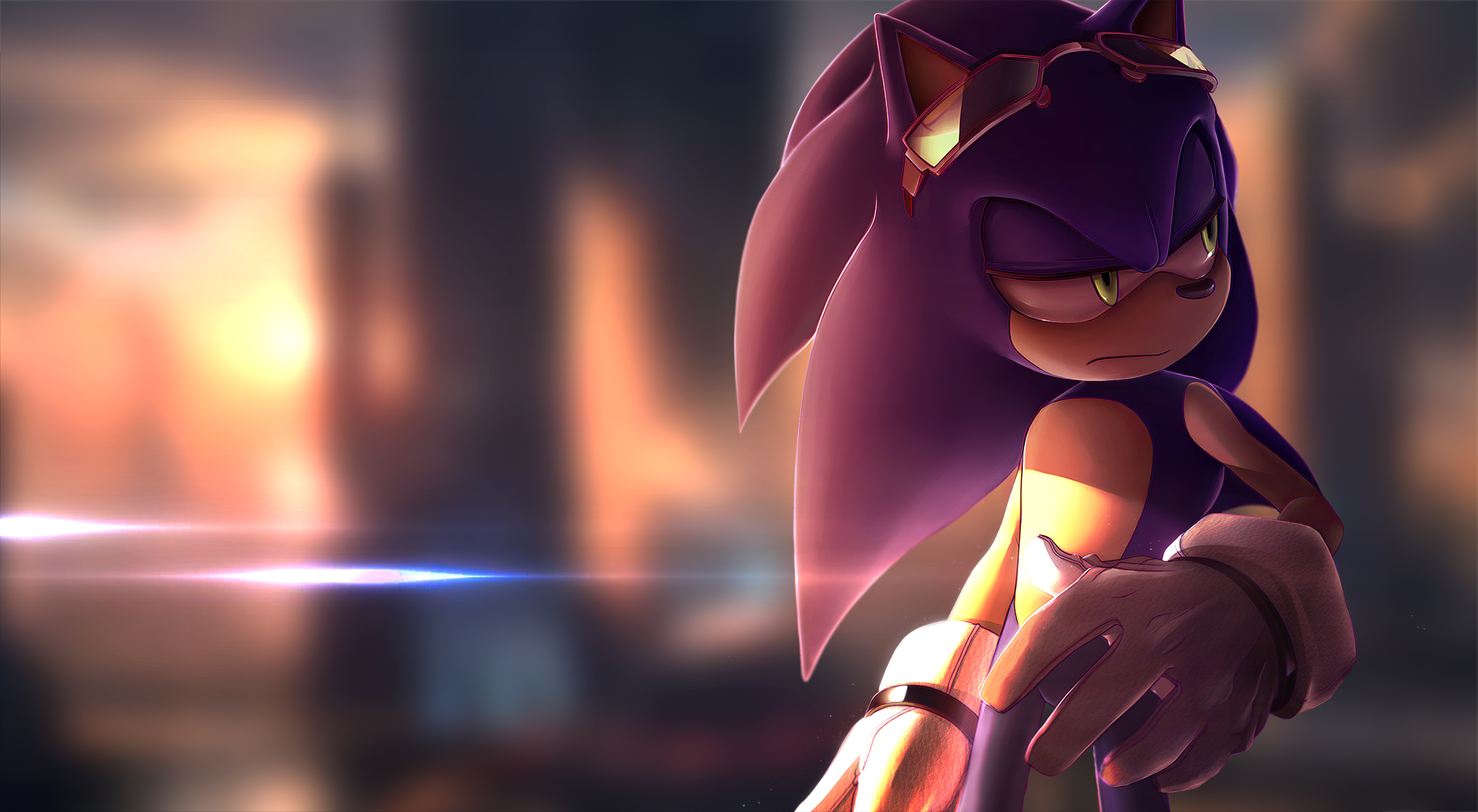 A high-definition render of Sonic the Hedgehog, wearing aviator sunglasses, against a blurred cityscape backdrop at sunset. His expression is serious and contemplative