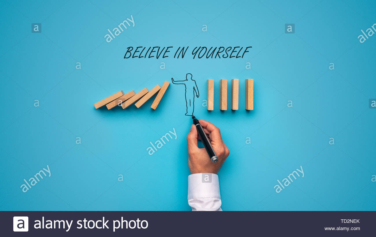 Believe in yourself sign over a hand drawn man stopping falling
