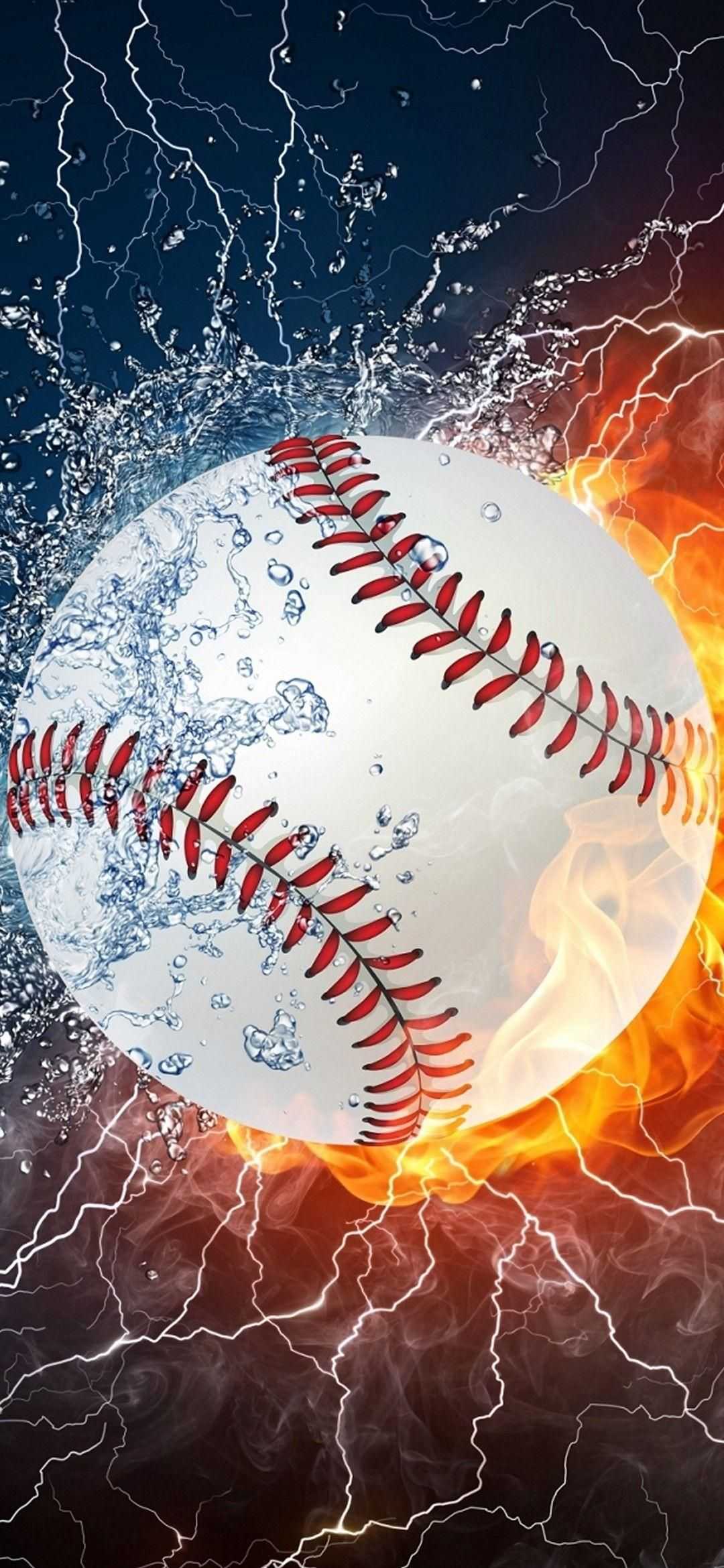 A baseball engulfed in flames and water, with lightning strikes in the background, creating a dramatic and powerful scene