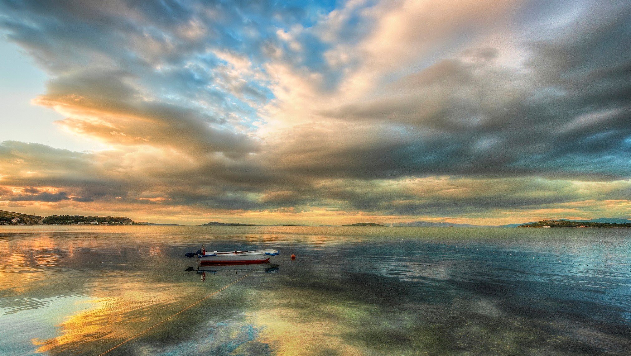 Wallpaper Sea Boat Clouds Sun Water Sunrise Nature