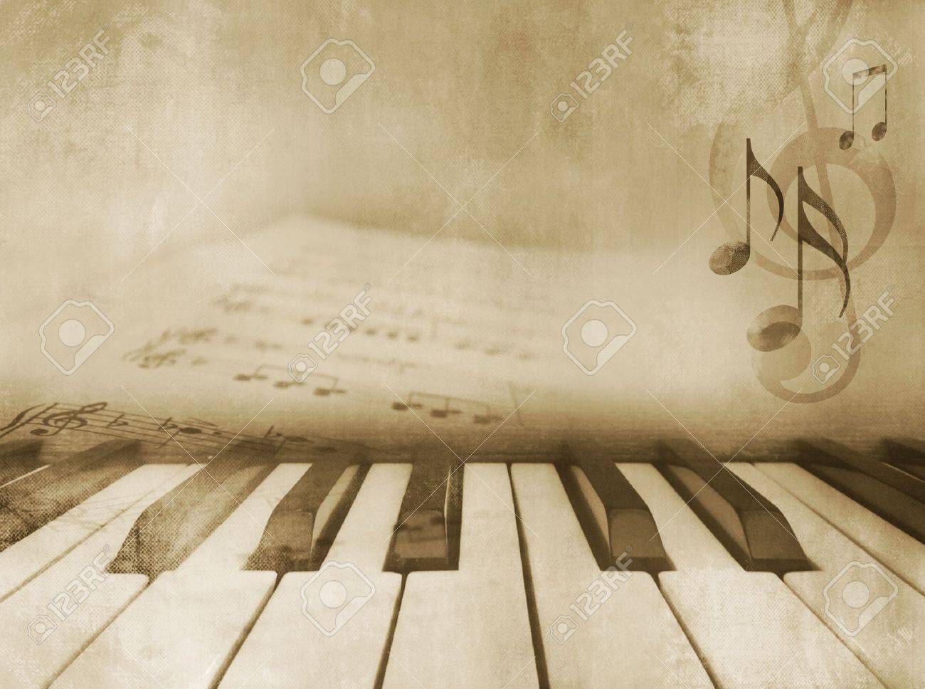 Grunge Musical Background Piano Keys And Sheet Music Vintage