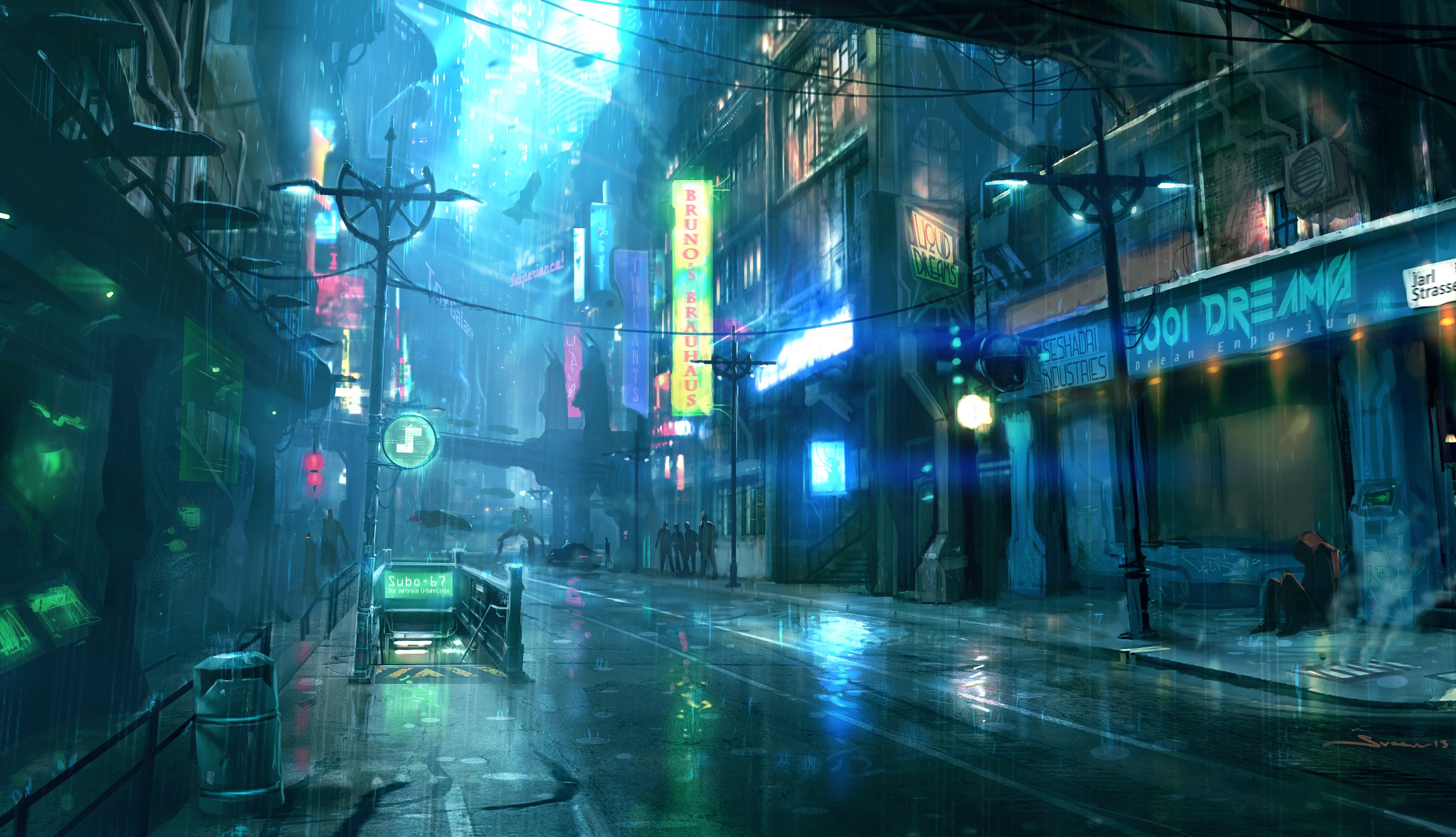Light Paintings Blue Rain Signs Subway Cyberpunk Dreamfall