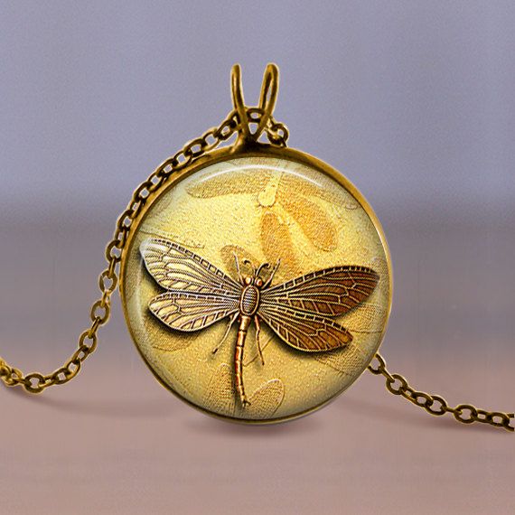 Jewelry Necklace Bronze Dragonfly On Golden By Madgreencreations