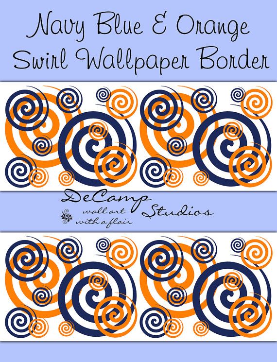 Navy Blue and Coral Orange Swirly Twirly wallpaper border wall decals