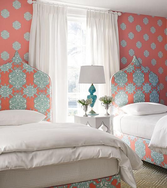 Turquoise Wallpaper Ivana In Coral Thibaut