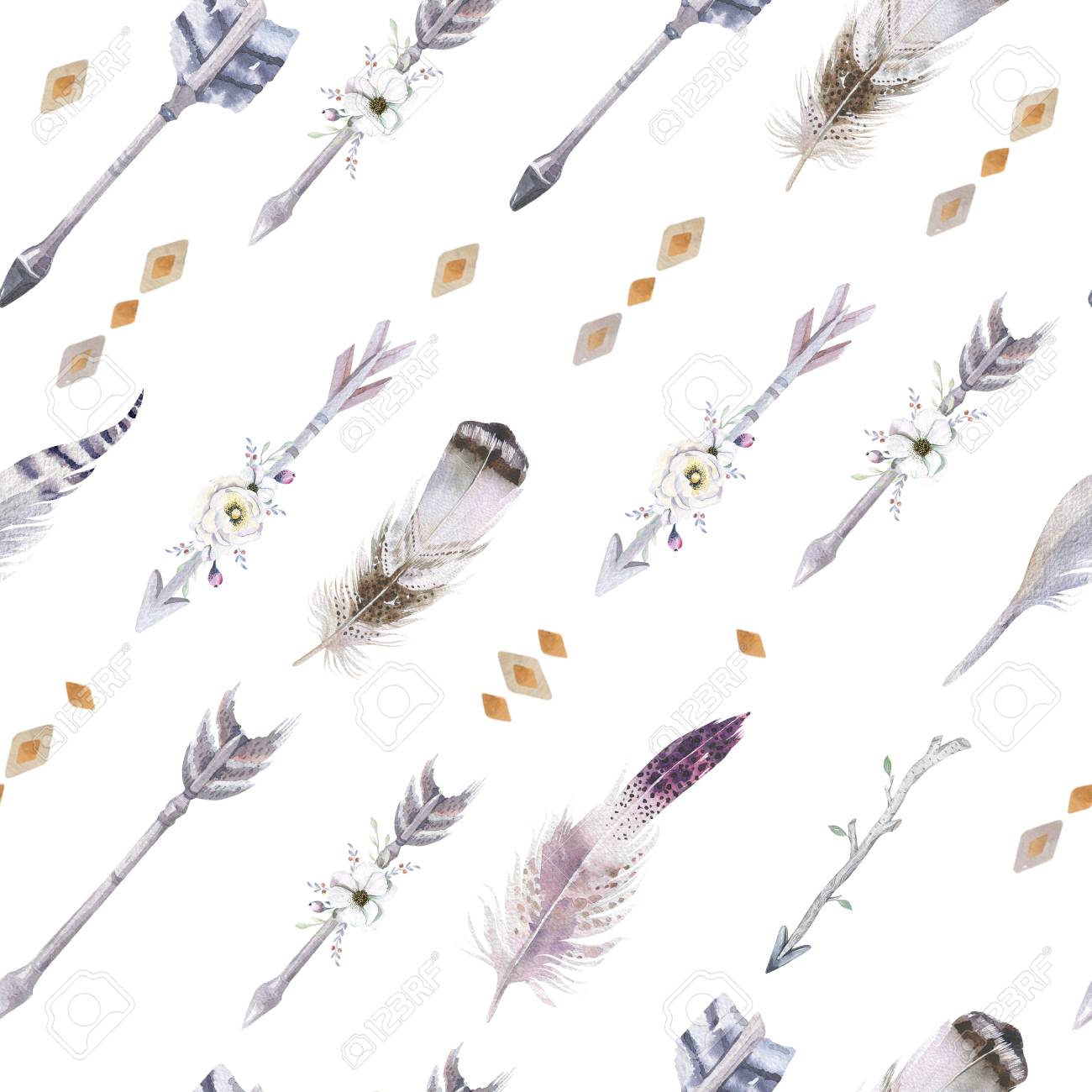 Watercolor Boho Seamless Pattern With Teepee Arrows And Feathers