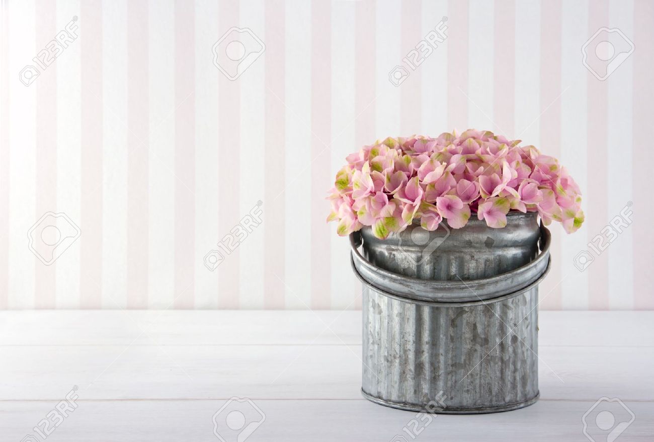 Pink Hydrangea Flowers In A Metal Bucket On Vintage Striped