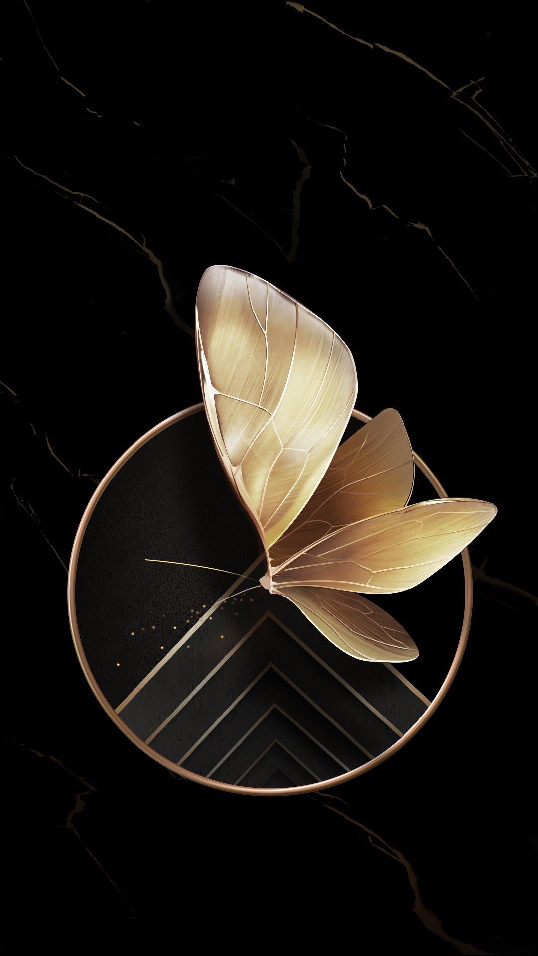 Elegant black and gold phone wallpaper featuring a golden butterfly on a circular design with geometric patterns