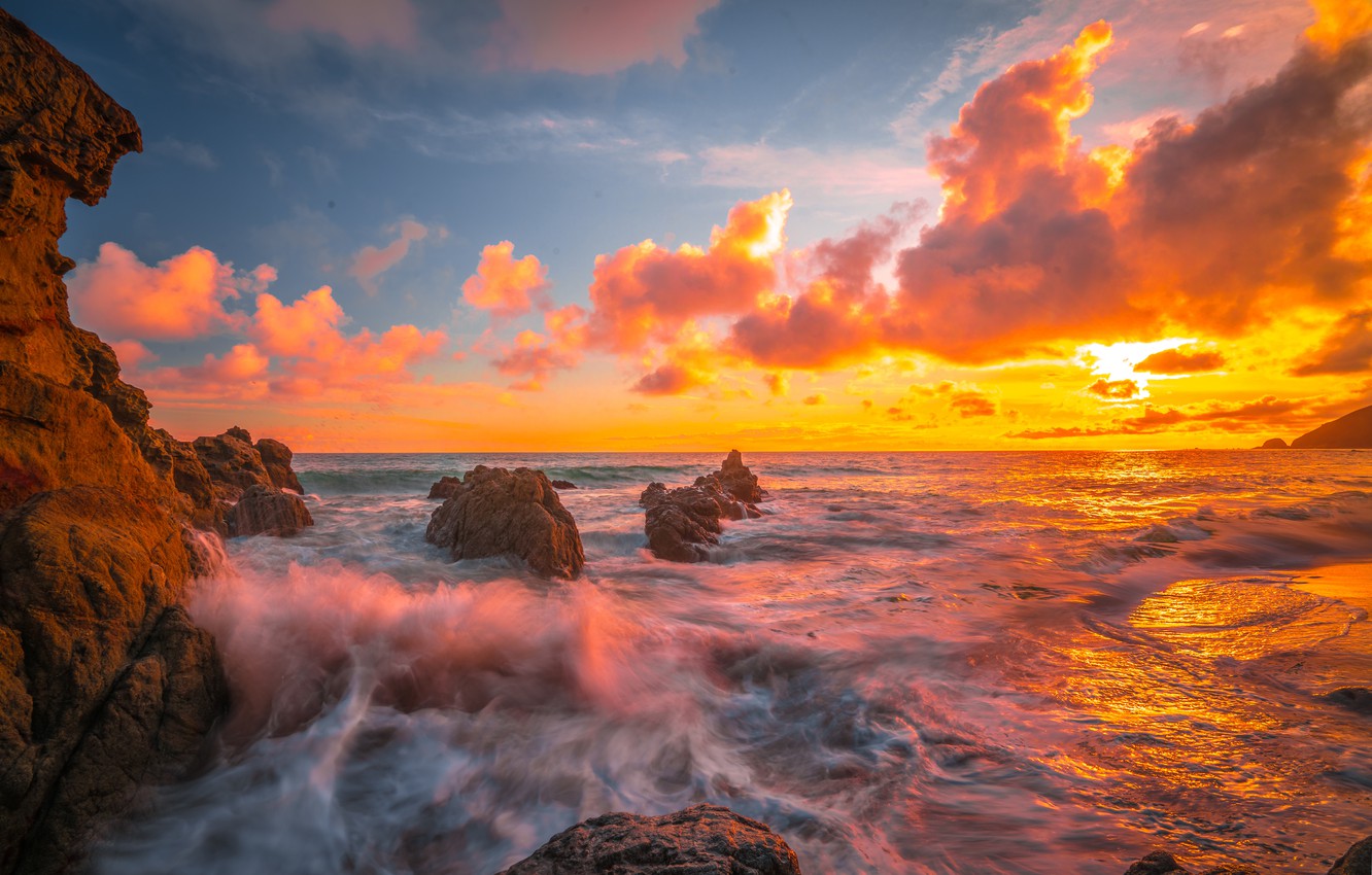 Wallpaper Sunset The Ocean Rocks Ca Pacific California