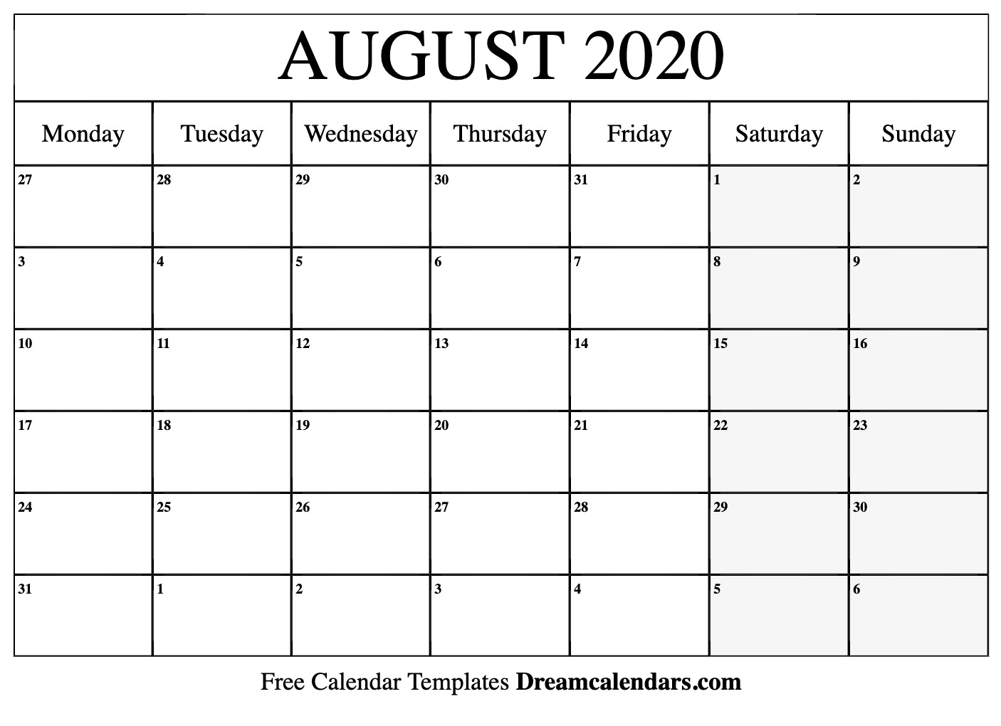 Free August 2020 Printable Calendar Dream Calendars 1406x1020
