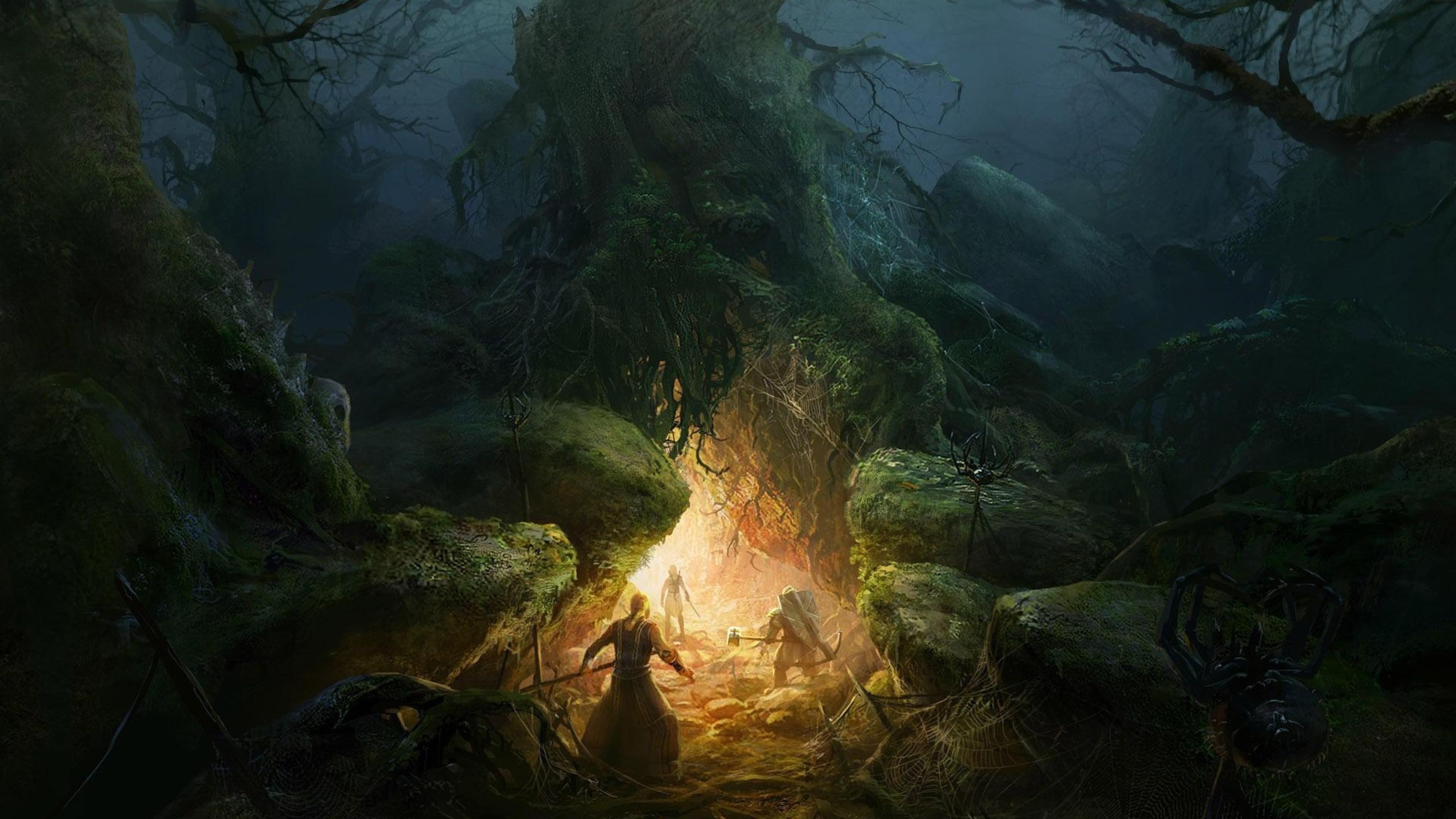 A group of adventurers explore a mystical cave in a dark forest, reminiscent of scenes from Lord of the Rings. The warm glow from the cave contrasts with the shadowy trees and lurking spiders, creating a sense of adventure and danger