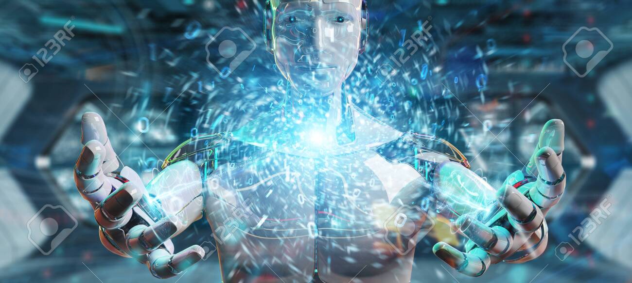 White Humanoid Robot On Blurred Background Creating New Futuristic