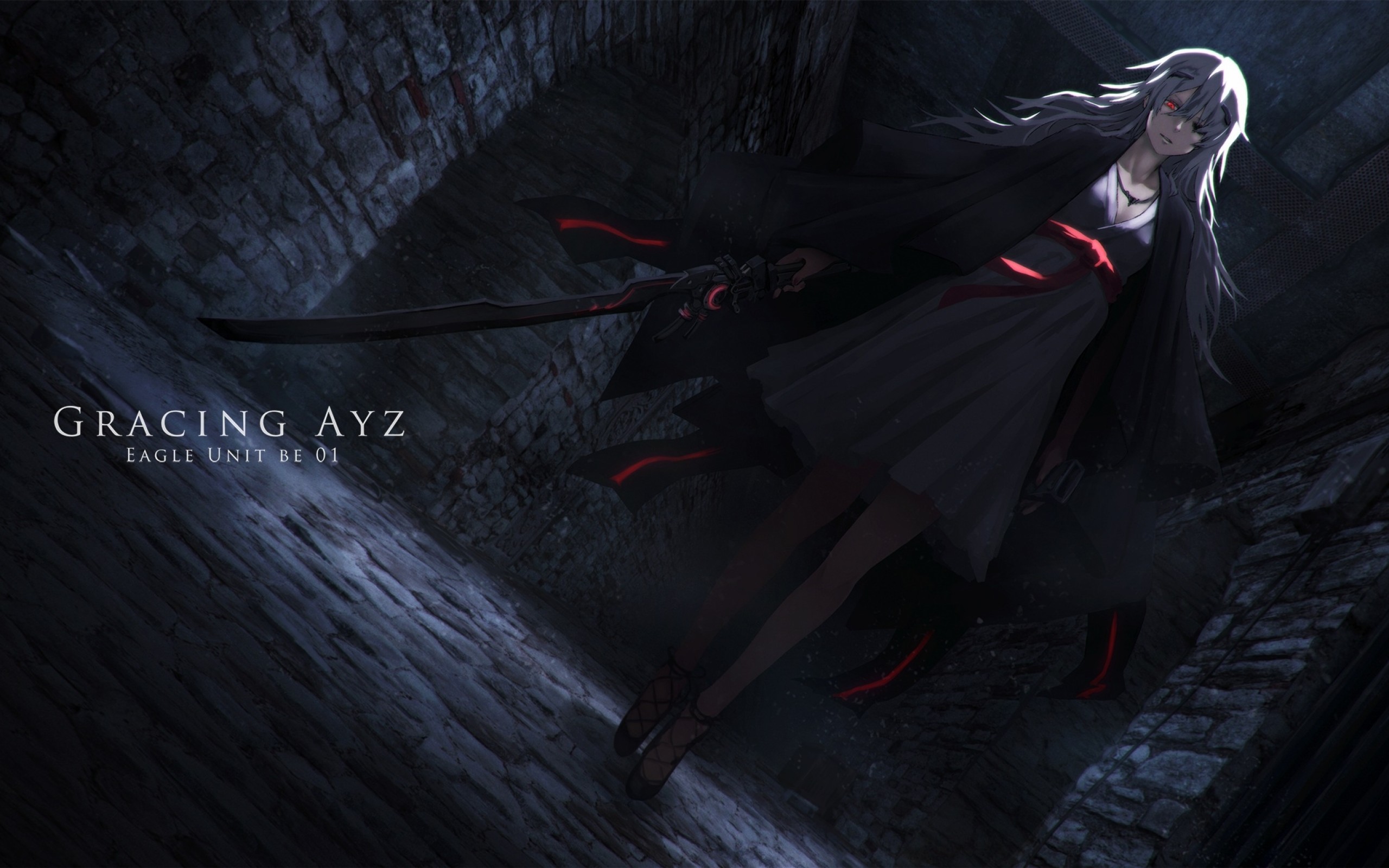 Anime Girl Red Eye Dark Sword Dress White