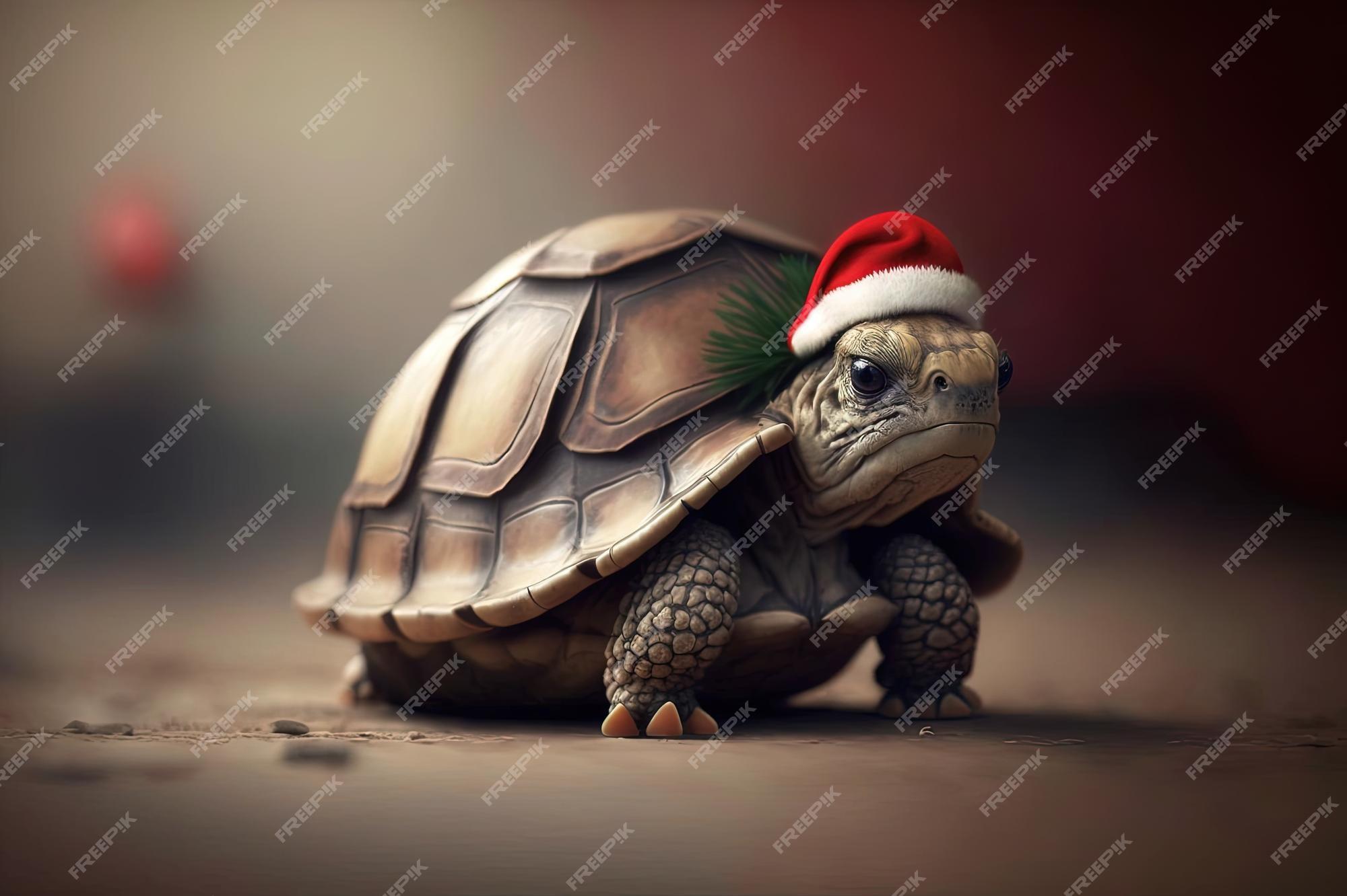 Premium Photo New Year Little Cute Turtle In A Christmas Hat On