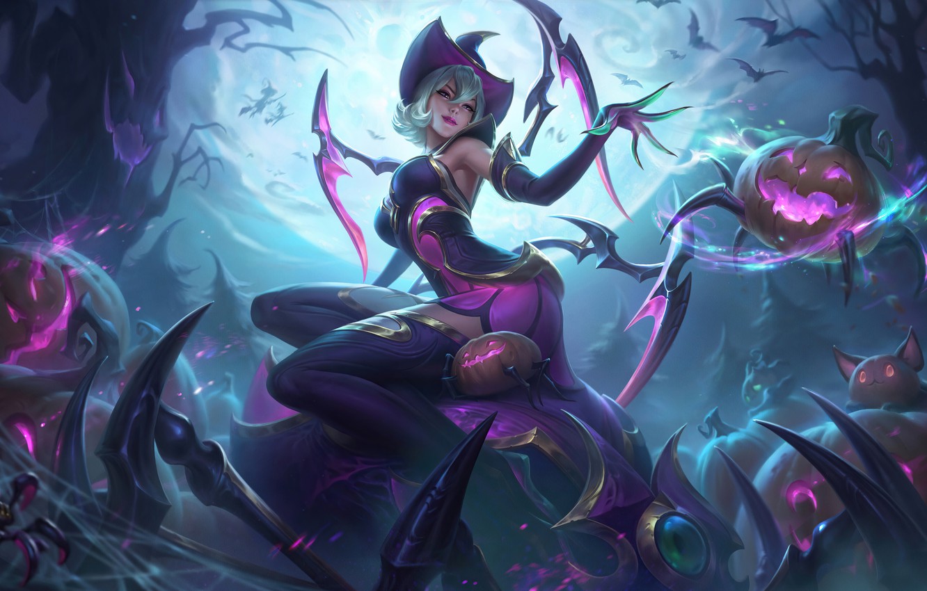 Wallpaper Spider Dark Halloween Girl Fantasy Game Cat Blue