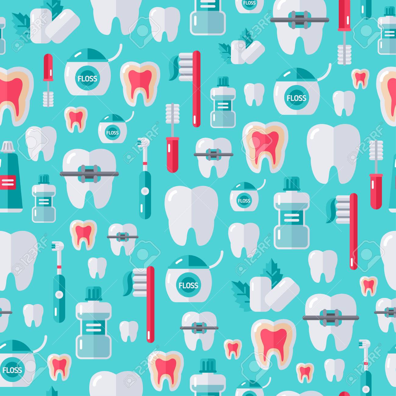 Seamless Dental Pattern With Flat Tooth Care Icons And White