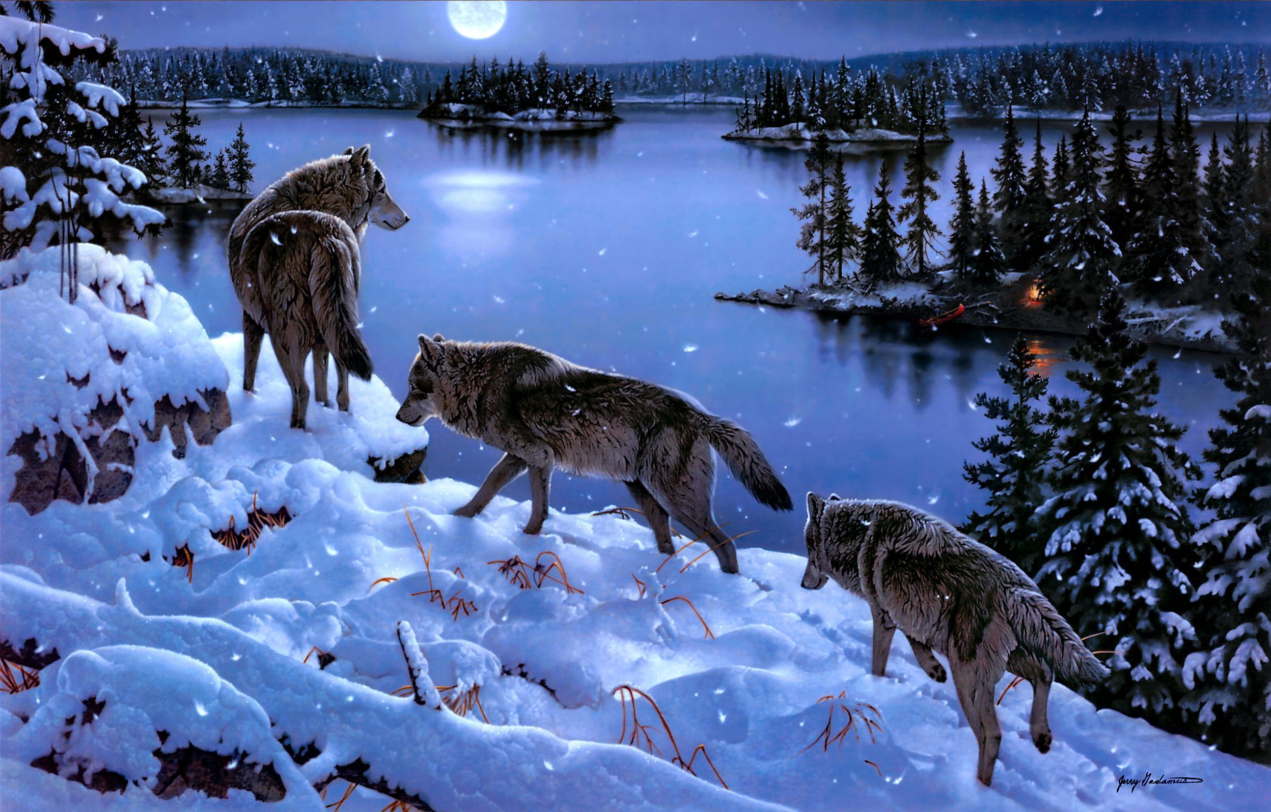Three grey wolves stand on a snowy hillside overlooking a frozen lake in a winter wonderland. A full moon illuminates the scene and a warm glow emanates from a cabin on a small island