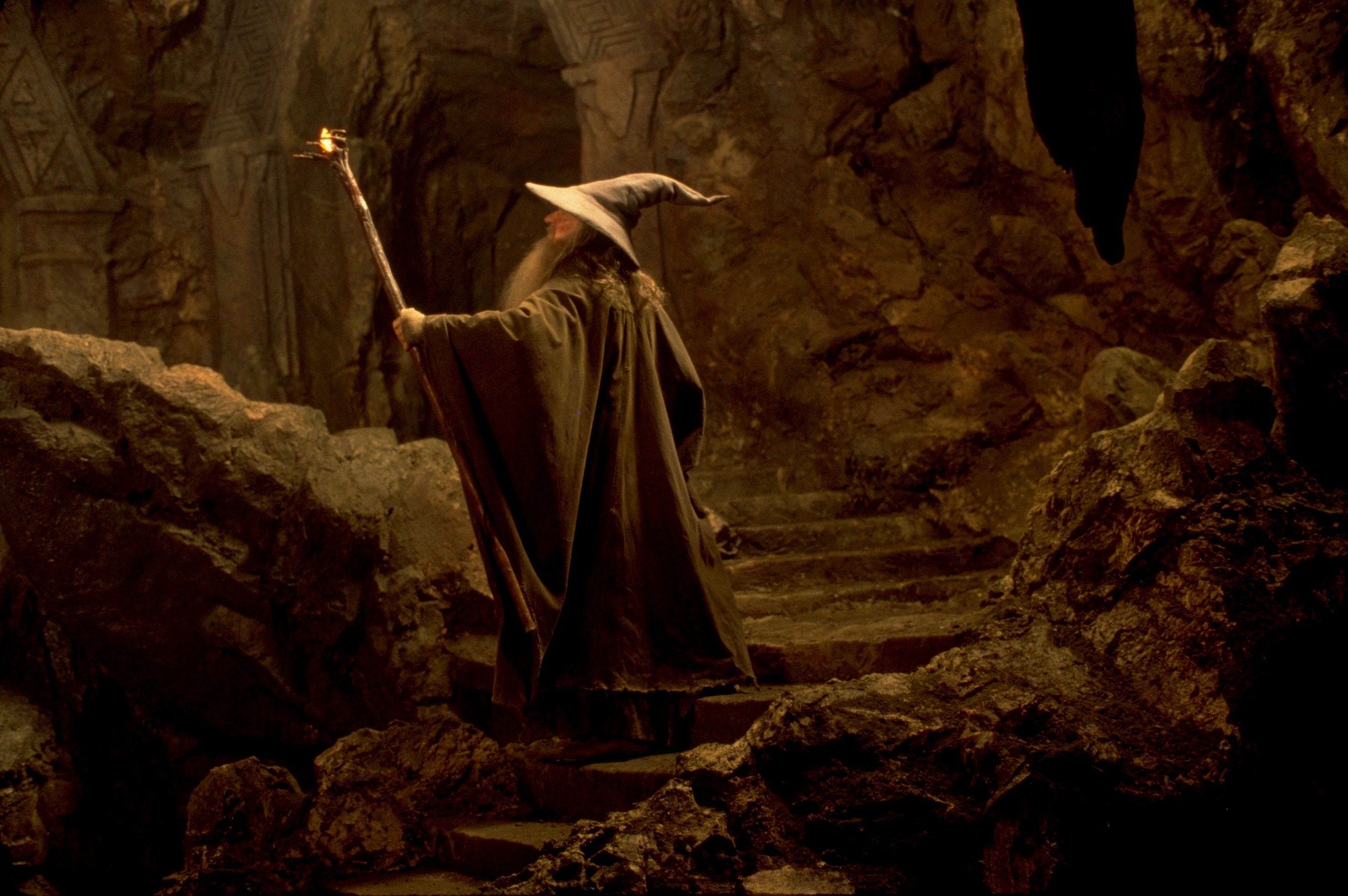 Gandalf the Grey, a wise wizard, explores the Mines of Moria in the Lord of the Rings