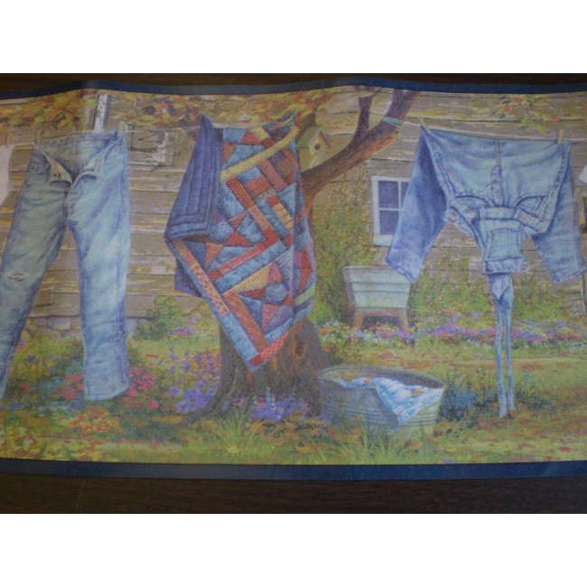 All American Denim Laundry Clothesline Wallpaper Border Walls