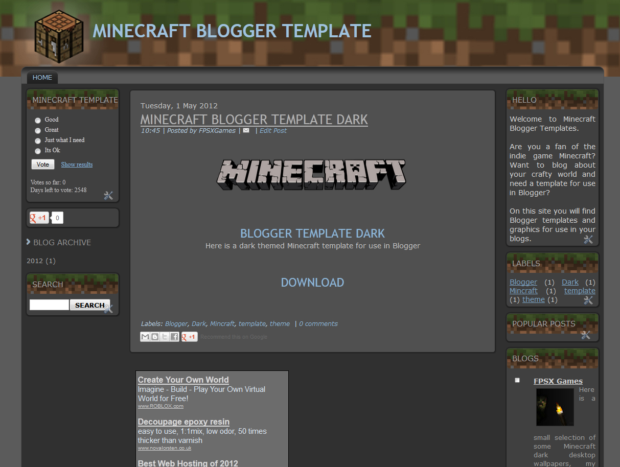 Minecraft Blogger Template Dark 1213x914