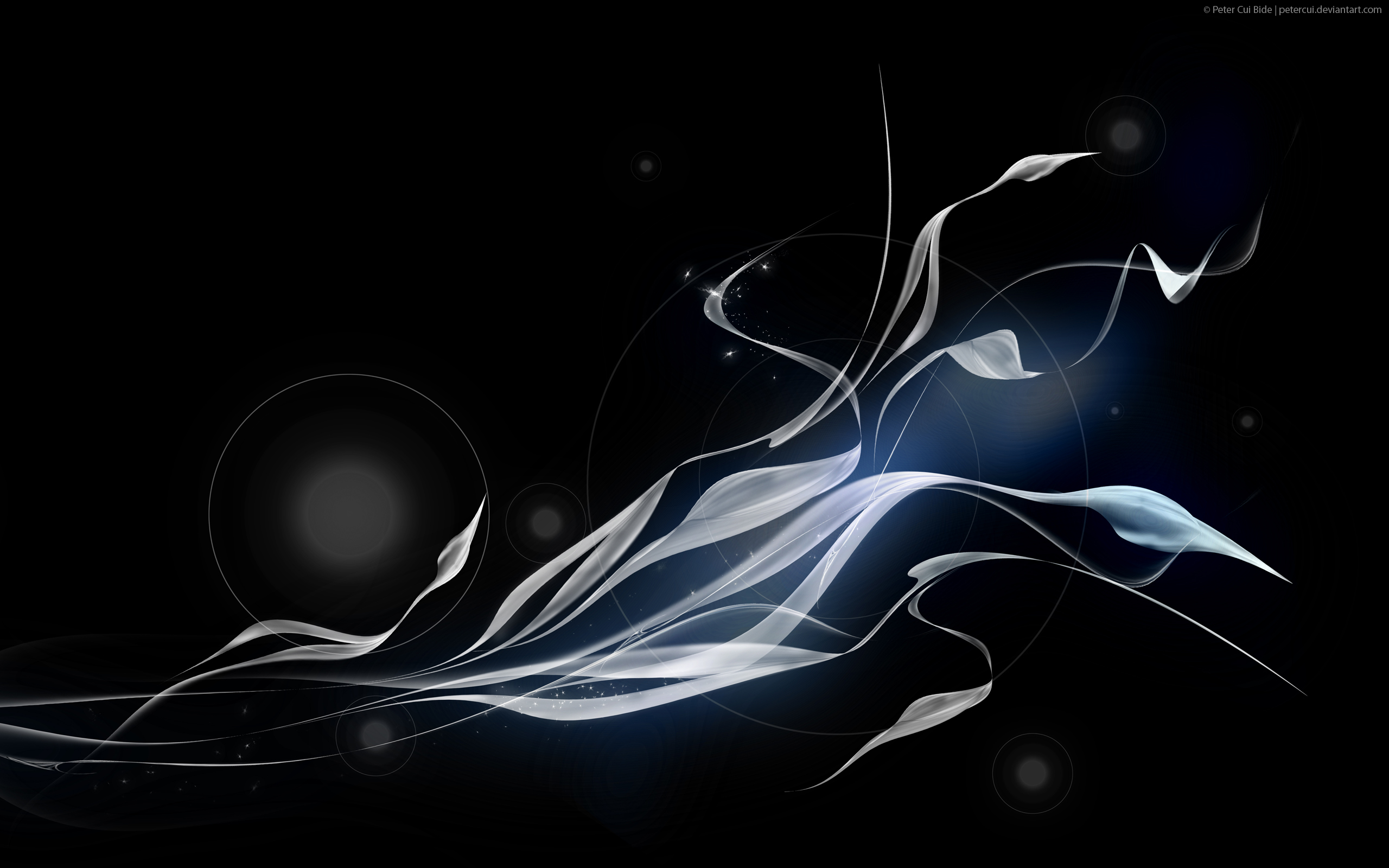 Abstract background with flowing white lines and light orbs on a black background